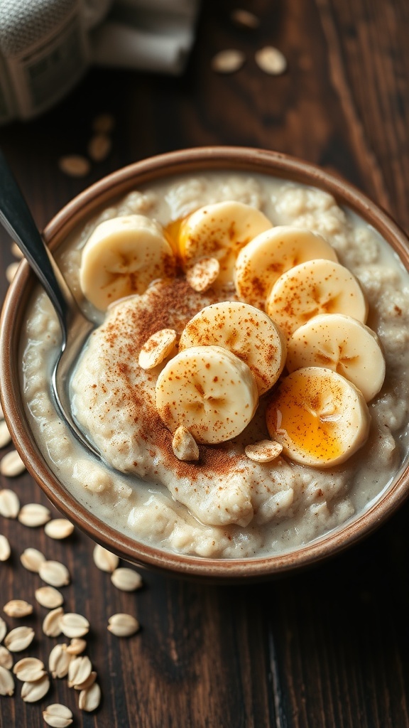 A bowl of oatmeal topped with banana slices and honey on a wooden table.
